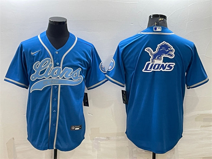 Custom Men’s Detroit Lions Blue Team Big Logo With Patch Cool Base Stitched Baseball Jersey