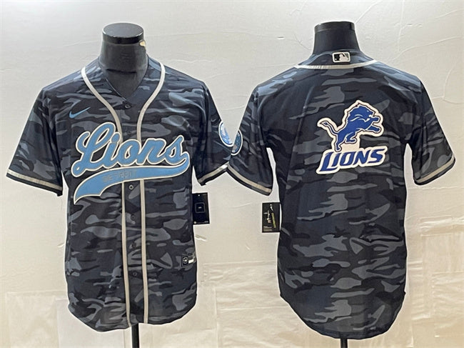 Custom Men’s Detroit Lions Grey Camo Team Big Logo Cool Base Stitched Baseball Jersey