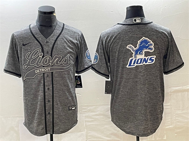 Custom Men’s Detroit Lions Grey Team Big Logo Cool Base Stitched Baseball Jersey