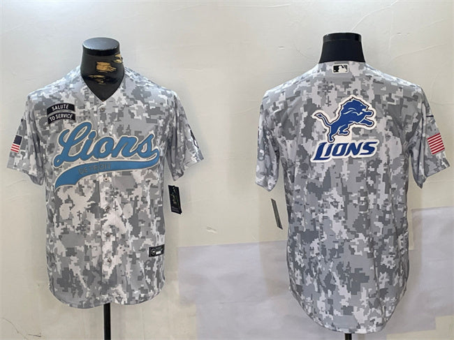 Custom Men’s Detroit Lions Team Big Logo 2024 Arctic Camo Salute To Service Stitched Baseball Jersey
