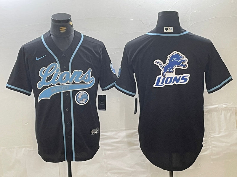 Custom Men’s Detroit Lions Team Big Logo Black Cool Base Stitched Baseball Jerseys