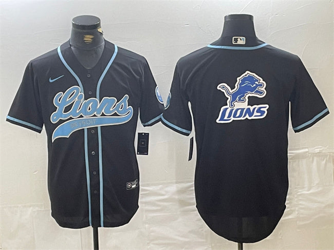 Custom Men’s Detroit Lions Team Big Logo Black Cool Base Stitched Baseball Jersey