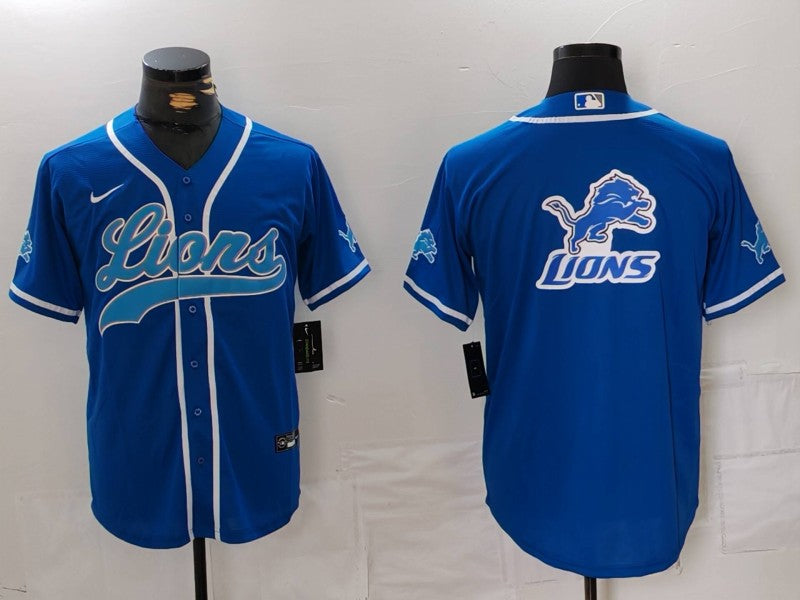 Custom Men’s Detroit Lions Team Big Logo Blue Cool Base Stitched Baseball Jersey