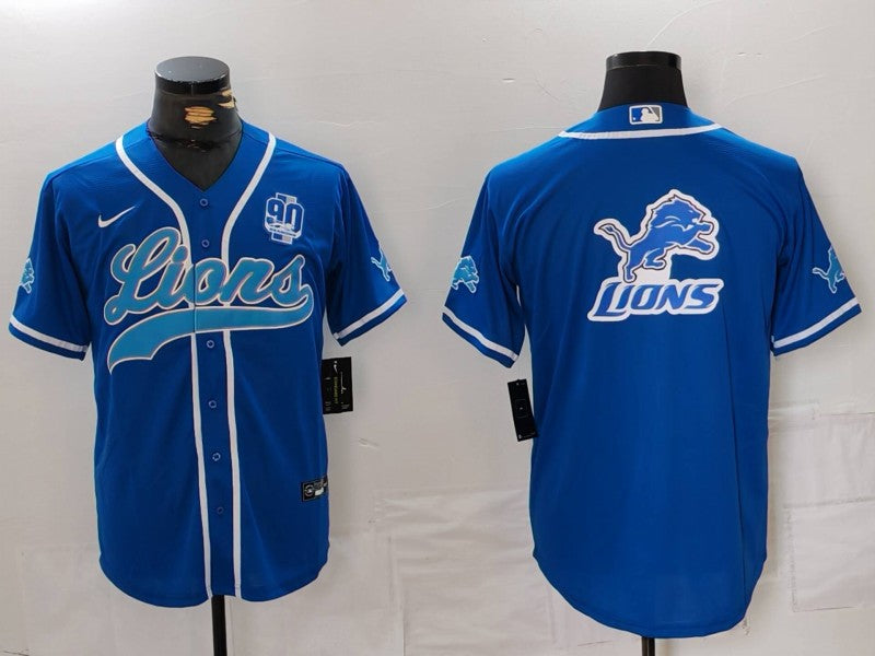 Custom Men’s Detroit Lions Team Big Logo Blue With 90th Anniversary Patch Cool Base Stitched Baseball Jersey