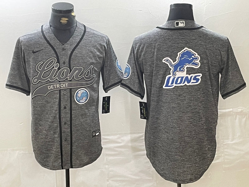 Custom Men’s Detroit Lions Team Big Logo Grey Cool Base Stitched Baseball Jerseys
