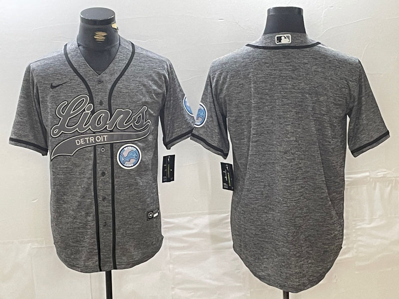 Custom Men’s Detroit Lions Team Big Logo Grey Cool Base Stitched Baseball Jersey