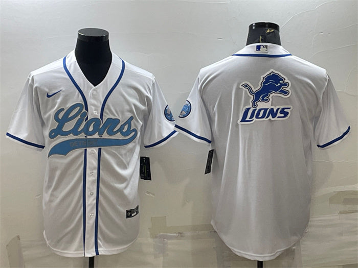 Custom Men’s Detroit Lions White Team Big Logo With Patch Cool Base Stitched Baseball Jersey