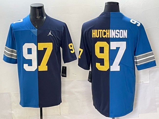Custom Men’s Detroit Lions X Wolverines #97 Aidan Hutchinson Blue Navy Split Vapor Limited Stitched Jersey