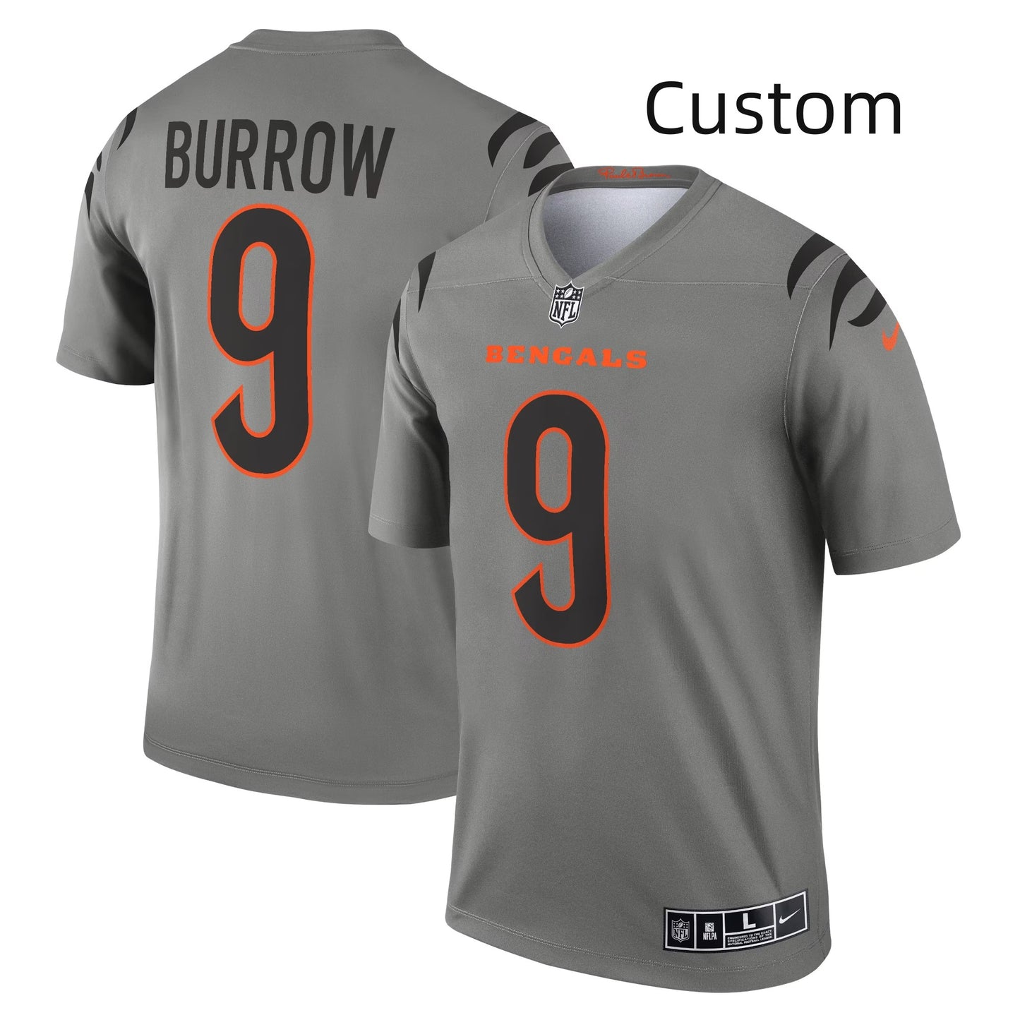 Custom Men’s #9 Joe Burrow Gray Cincinnati Bengals Inverted Legend Jersey