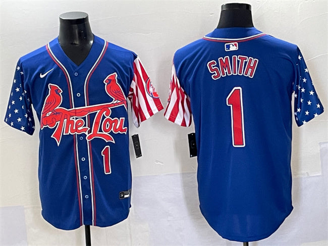 Custom Men’s St.Louis Cardinals #1 Ozzie Smith Royal Independence Day Vapor Premier Limited Stitched Baseball Jersey
