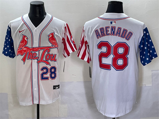 Custom Men’s St.Louis Cardinals #28 Nolan Arenado White Independence Day Vapor Premier Limited Stitched Baseball Jersey