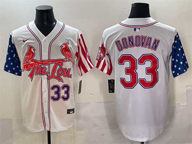 Custom Men’s St.Louis Cardinals #33 Brendan Donovan White Independence Day Vapor Premier Limited Stitched Baseball Jersey