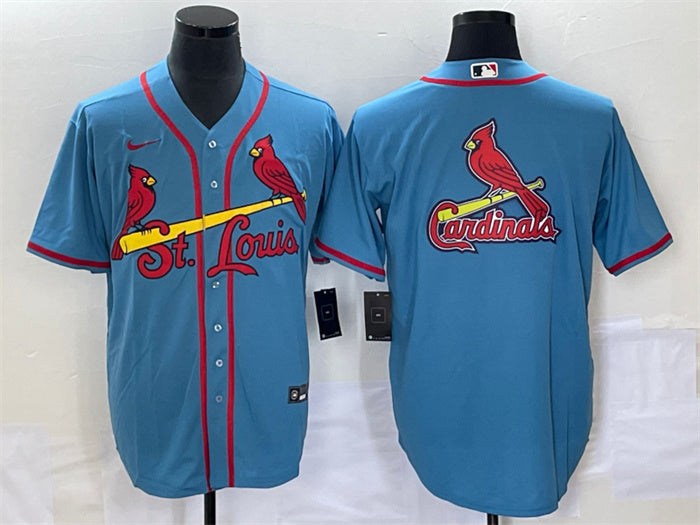 Custom Men’s St. Louis Cardinals Blue Big Team Logo In Back Cool Base Stitched Jersey