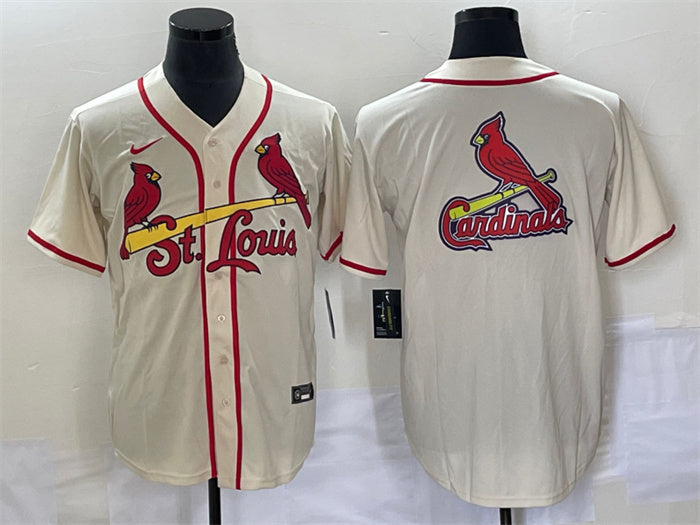 Custom Men’s St. Louis Cardinals Cream Big Team Logo In Back Cool Base Stitched Jersey
