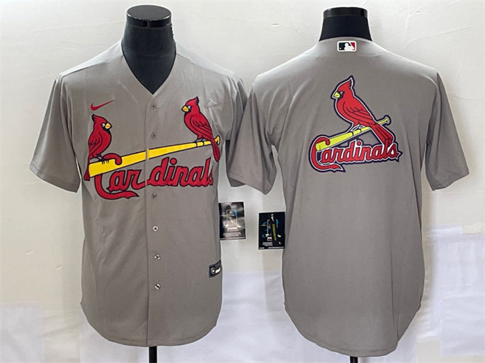 Custom Men’s St. Louis Cardinals Grey Big Team Logo In Back Cool Base Stitched Jersey