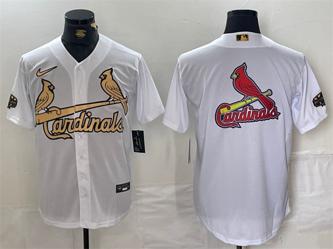 Custom Men’s St. Louis Cardinals Team Big Logo All-Star White Gold Stitched Baseball Jerseys