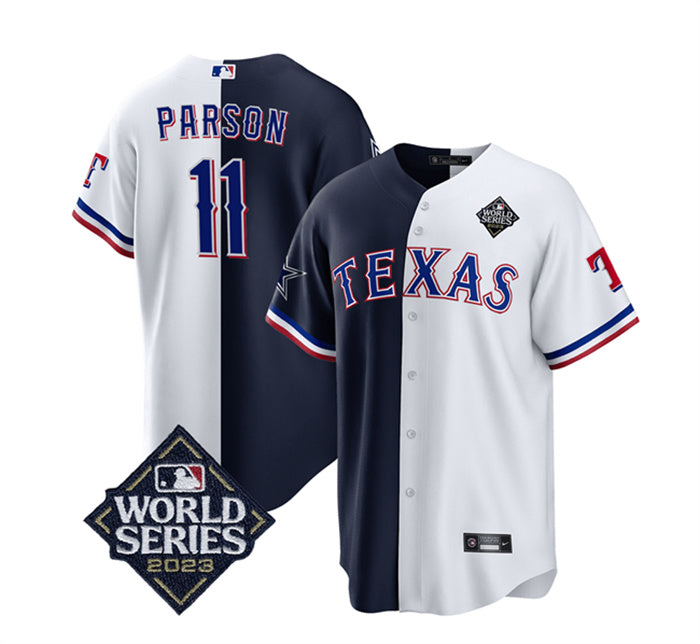 Custom Men’s Texas Rangers & Cowboys #11 Micah Parsons Navy White Splite 2023 World Series Splite Stitched Baseball Jersey