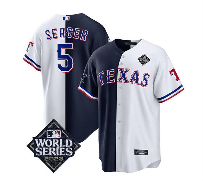 Custom Men’s Texas Rangers & Cowboys #5 Corey Seager Navy White 2023 World Series Splite Stitched Baseball Jersey