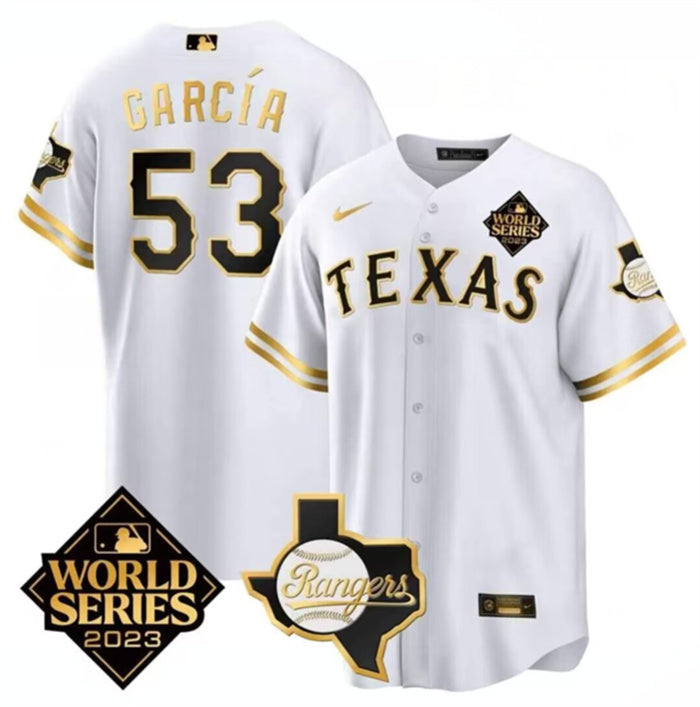 Custom Men’s Texas Rangers & Cowboys #53 Adolis García White 2023 World Series Splite Stitched Baseball Jersey