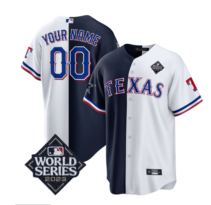Custom Men’s Texas Rangers & Cowboys Active Player Custom Navy White Splite 2023 World Series Splite Stitched Baseball Jersey