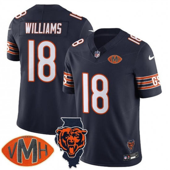 Custom Men’s Chicago Bears #18 Caleb Williams Navy F.U.S.E. With Illinois and VMH Patch Limited Football Stitched Jersey