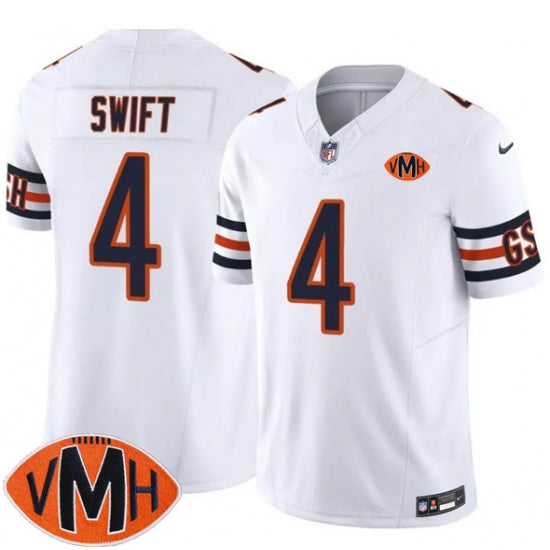 Custom Men’s Chicago Bears #4 D’Andre Swift White 2025 F.U.S.E. With Illinois and VMH Vapor Untouchable Limited Football Stitched Jersey