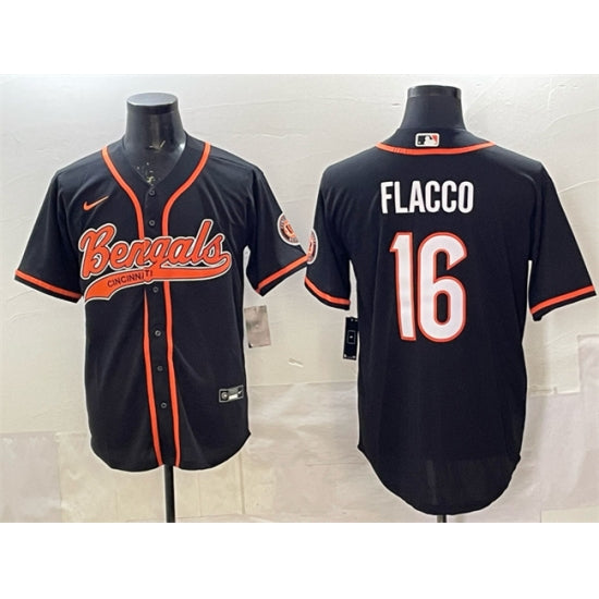 Custom Men’s Cincinnati Bengals #16 Joe Flacco Black With Cool Base Stitched Baseball Jersey