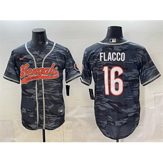 Custom Men’s Cincinnati Bengals #16 Joe Flacco Grey Camo With Cool Base Stitched Baseball Jersey