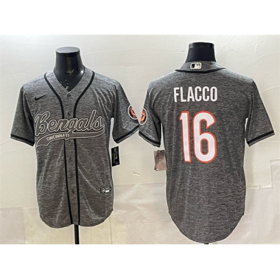 Custom Men’s Cincinnati Bengals #16 Joe Flacco Grey With Cool Base Stitched Baseball Jersey