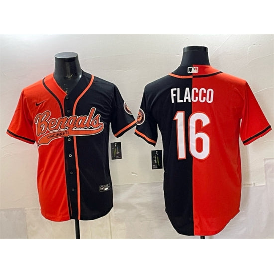 Custom Men’s Cincinnati Bengals #16 Joe Flacco Orange Black Split With Cool Base Stitched Baseball Jersey