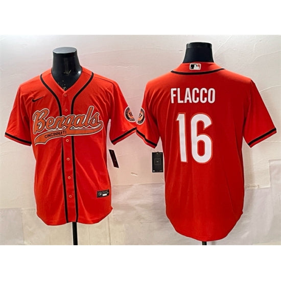 Custom Men’s Cincinnati Bengals #16 Joe Flacco Orange With Cool Base Stitched Baseball Jersey