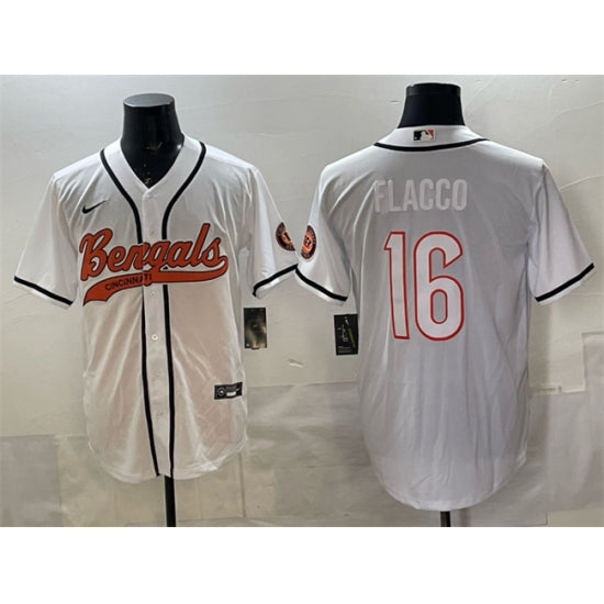 Custom Men’s Cincinnati Bengals #16 Joe Flacco White With Cool Base Stitched Baseball Jersey