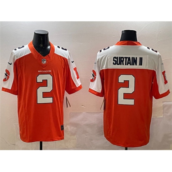Custom Men’s Denver Broncos #2 Patrick Surtain II Orange White 2024 F.U.S.E. V2 Throwback Vapor Limited Alternate Stitched Jersey