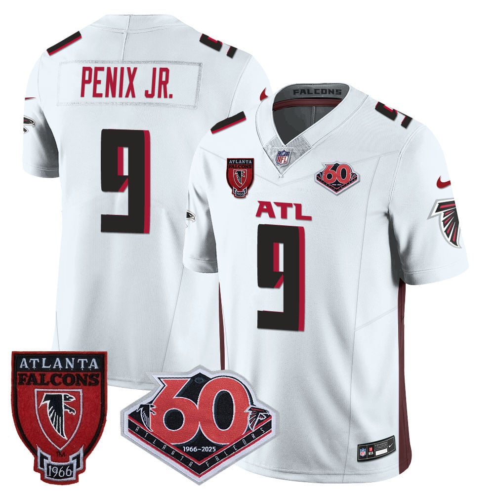 Custom Men’s Atlanta Falcons #9 Michael Penix Jr 60th Season Vapor Limited White Jerseys