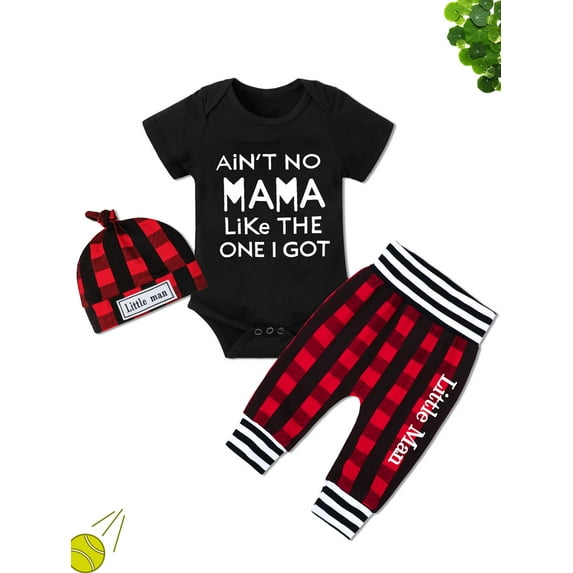 Newborn Baby Boy Clothes Plaid Winter Mama Letter Print Romper Pants 3PCS Baby Boy Outfits Set 0-3 Months