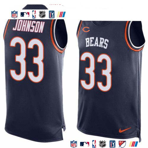 Custom Bears #33 Jaylon Johnson Navy Blue Team Color Men’s Stitched NFL Limited Tank Top Jersey