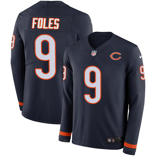 Custom Bears #9 Nick Foles Navy Blue Team Color Men’s Stitched NFL Limited Therma Long Sleeve Jersey