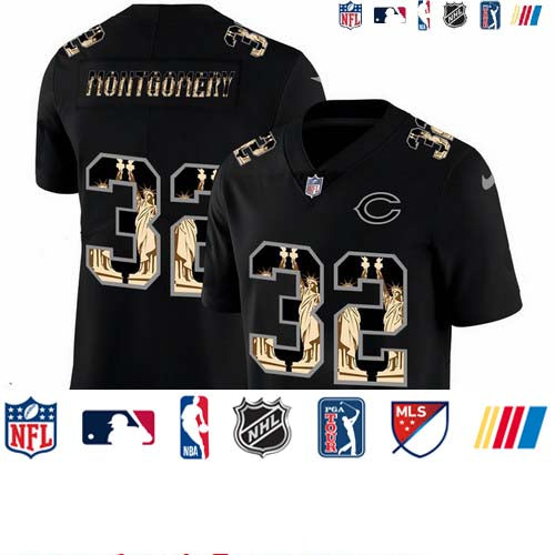 Custom Bears 32 David Montgomery Black Statue Of Liberty Limited Jersey