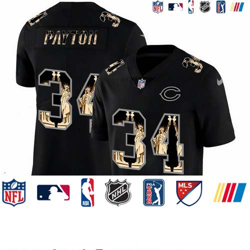 Custom Bears 34 Walter Payton Black Statue Of Liberty Limited Jersey