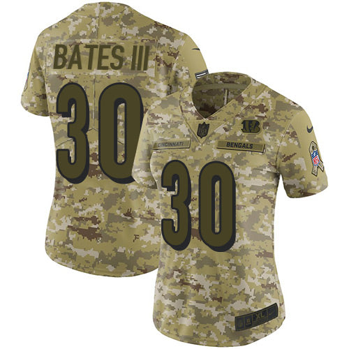 Custom Bengals #30 Jessie Bates III Camo Women’s Stitched NFL Limited 2018 Salute to Service Jersey
