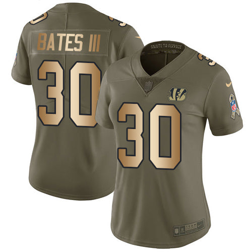 Custom Bengals #30 Jessie Bates III Olive Gold Women’s Stitched NFL Limited 2017 Salute to Service Jersey