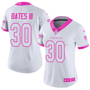 Custom Bengals #30 Jessie Bates III White Pink Women’s Stitched NFL Limited Rush Fashion Jersey