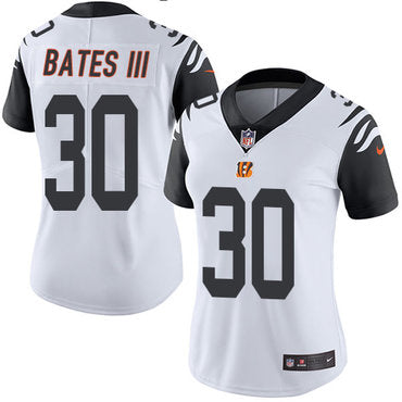Custom Bengals #30 Jessie Bates III White Women’s Stitched NFL Limited Rush Jersey