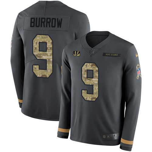 Custom Bengals #9 Joe Burrow Anthracite Salute to Service Men’s Stitched NFL Limited Therma Long Sleeve Jersey