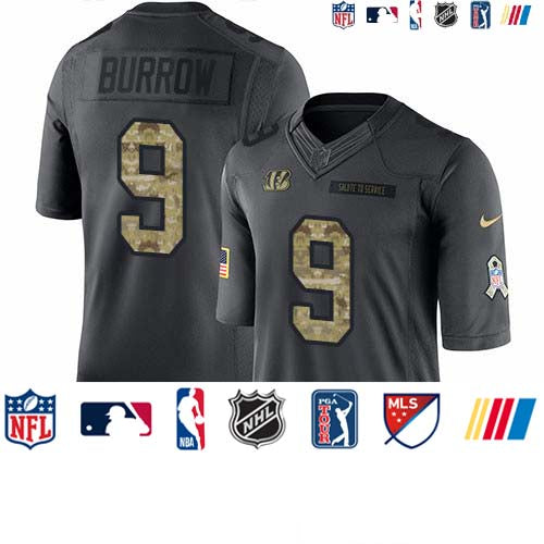 Custom Bengals #9 Joe Burrow Black Men’s Stitched NFL Limited 2016 Salute to Service Jersey