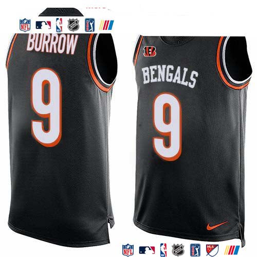 Custom Bengals #9 Joe Burrow Black Team Color Men’s Stitched NFL Limited Tank Top Jersey