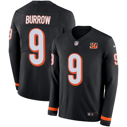 Custom Bengals #9 Joe Burrow Black Team Color Men’s Stitched NFL Limited Therma Long Sleeve Jersey