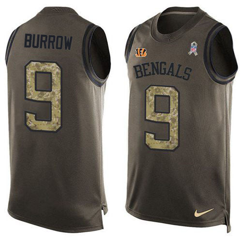 Custom Bengals #9 Joe Burrow Green Men’s Stitched NFL Limited Salute To Service Tank Top Jersey