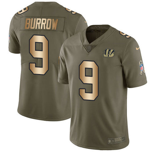 Custom Bengals #9 Joe Burrow Olive Gold Men’s Stitched NFL Limited 2017 Salute To Service Jersey