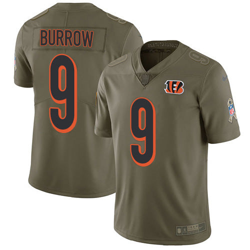 Custom Bengals #9 Joe Burrow Olive Men’s Stitched NFL Limited 2017 Salute To Service Jersey